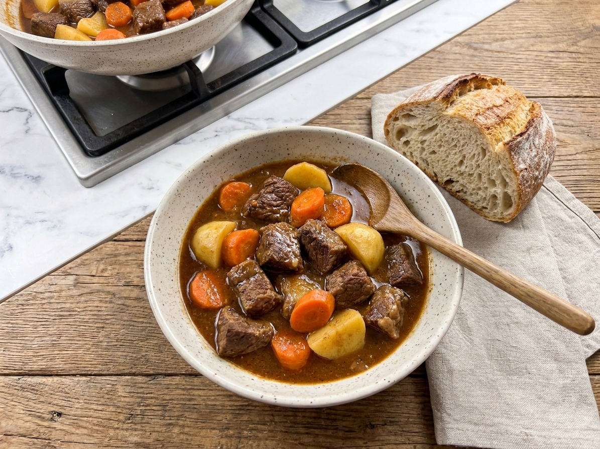 A bowl of meaty beef stew with potatoes and carrots served on a wooden table with crusty bread and a simple linen napkin