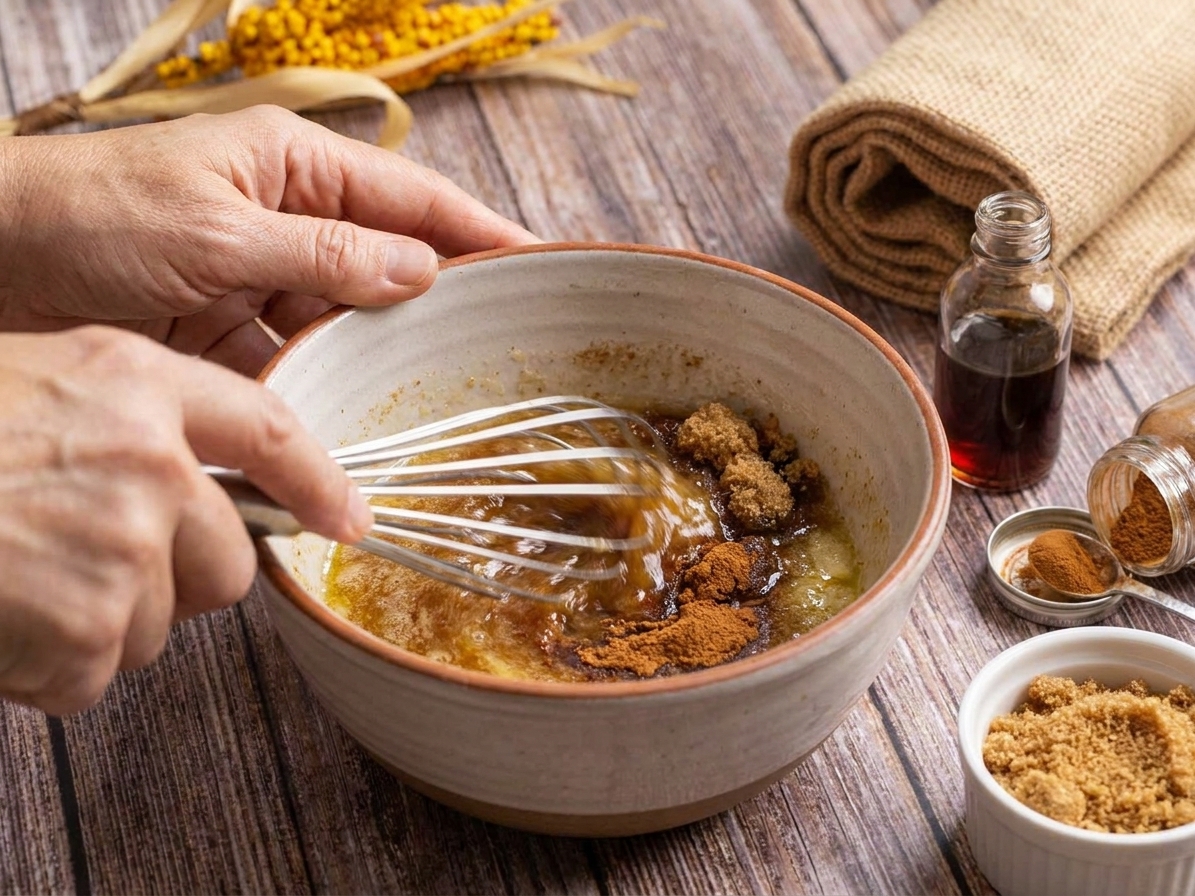 A bowl of melted butter and brown sugar being whisked with cinnamon and vanilla on a kitchen counter