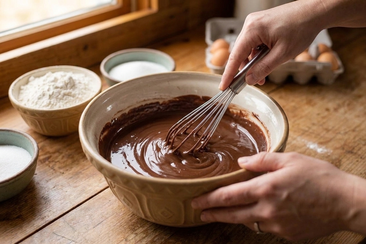 A bowl of melted chocolate and butter being stirred with a whisk on a kitchen counter, glossy and smooth