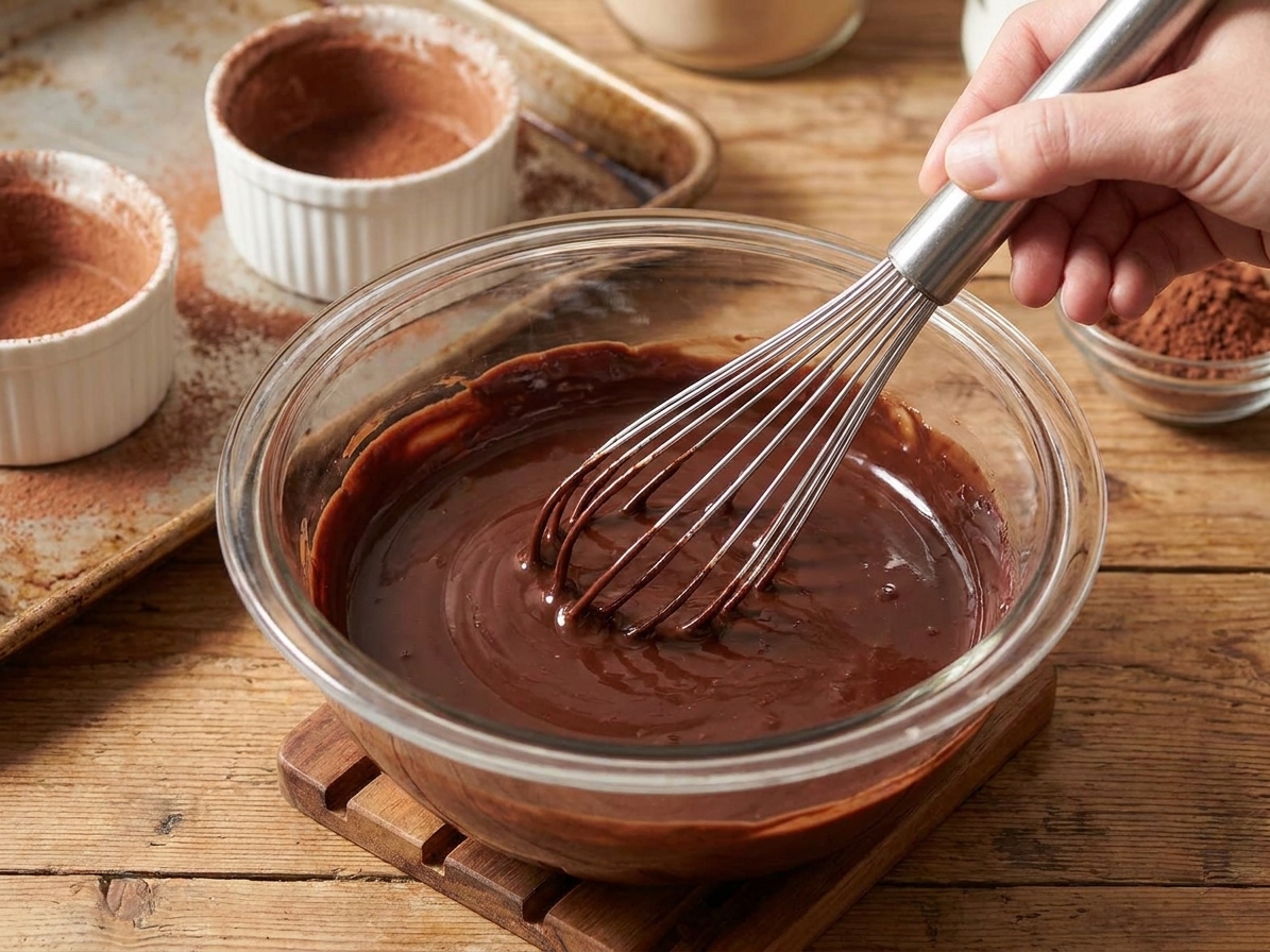 A bowl of melted chocolate and butter being stirred with a whisk until glossy and smooth on a kitchen counter