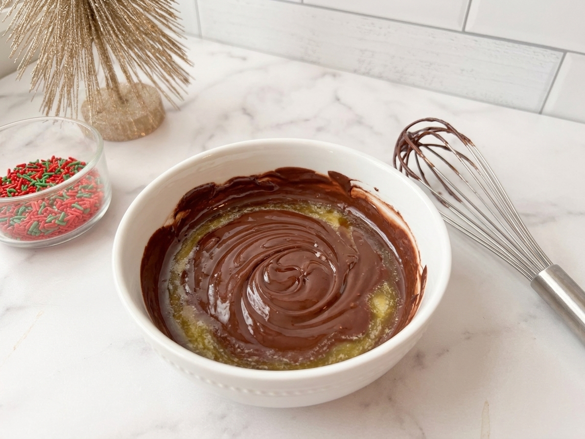 A bowl of melted chocolate and butter on a kitchen counter with a whisk resting nearby