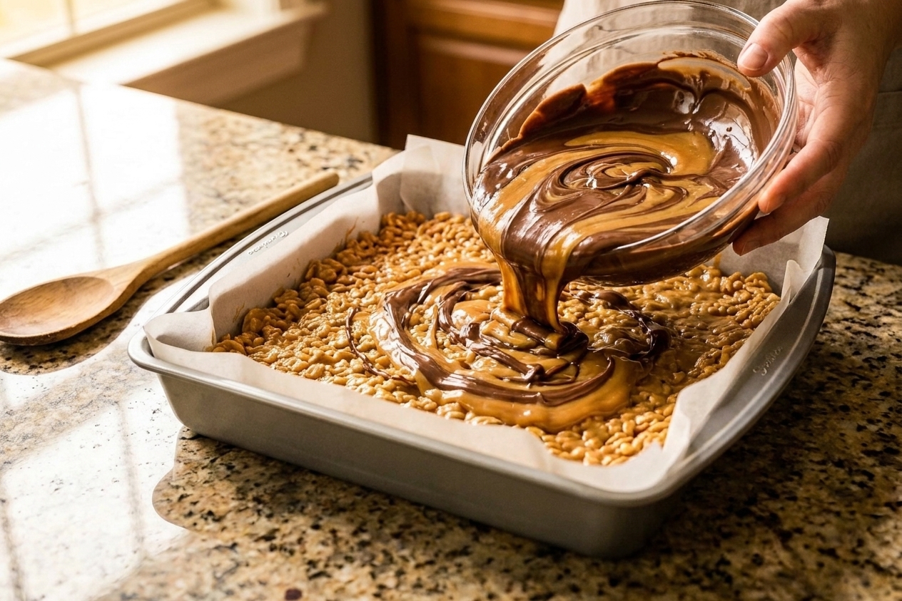 A bowl of melted chocolate and butterscotch being poured over pressed cereal bars in a baking pan