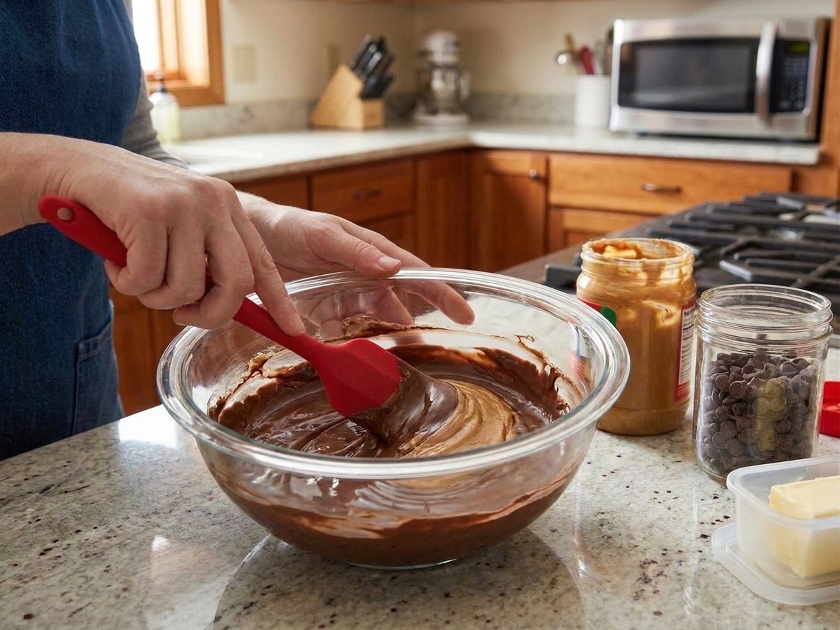 A bowl of melted chocolate and peanut butter mixture being stirred until glossy, with a microwave in the background