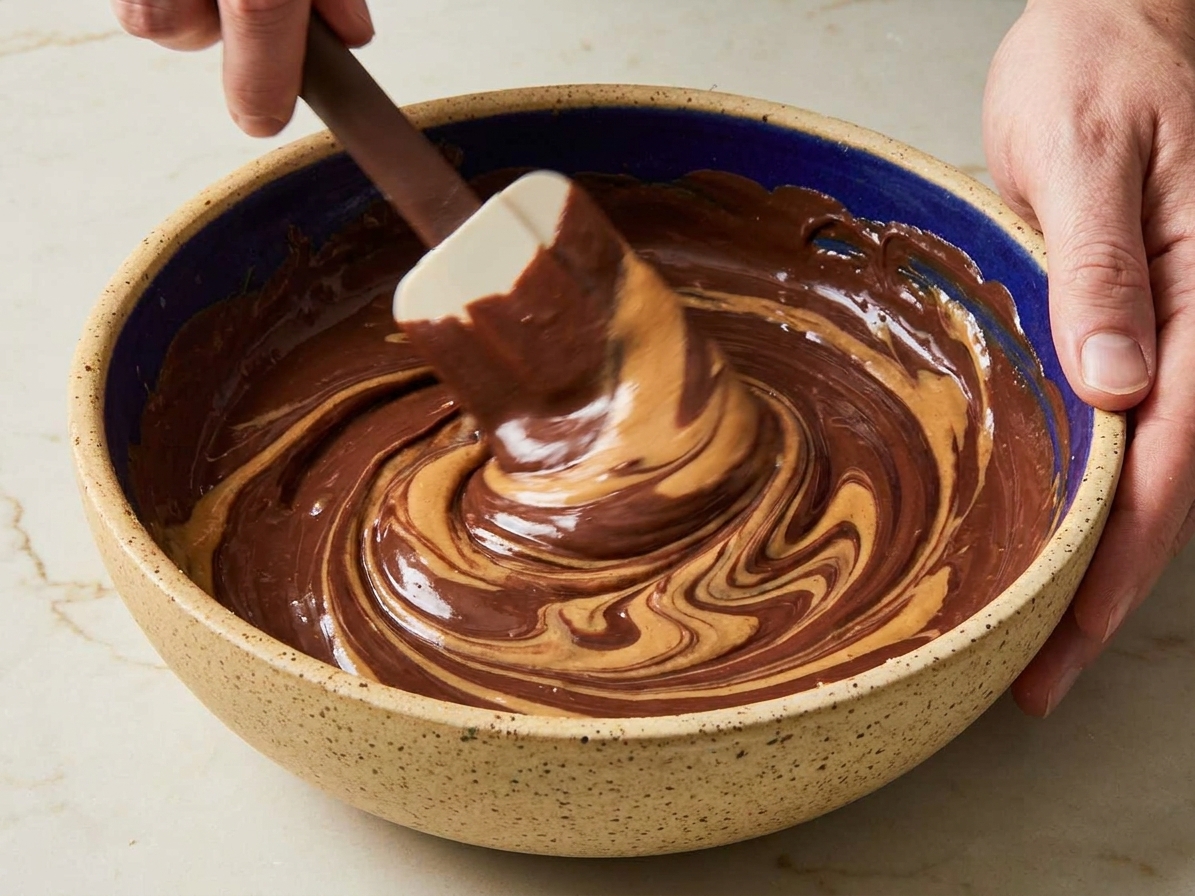 A bowl of melted chocolate and peanut butter mixture being stirred with a spatula on a kitchen counter