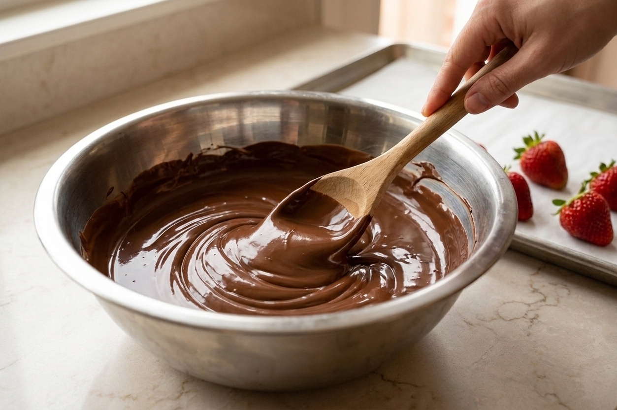 A bowl of melted chocolate being stirred with a spoon on a kitchen counter, smooth and glossy