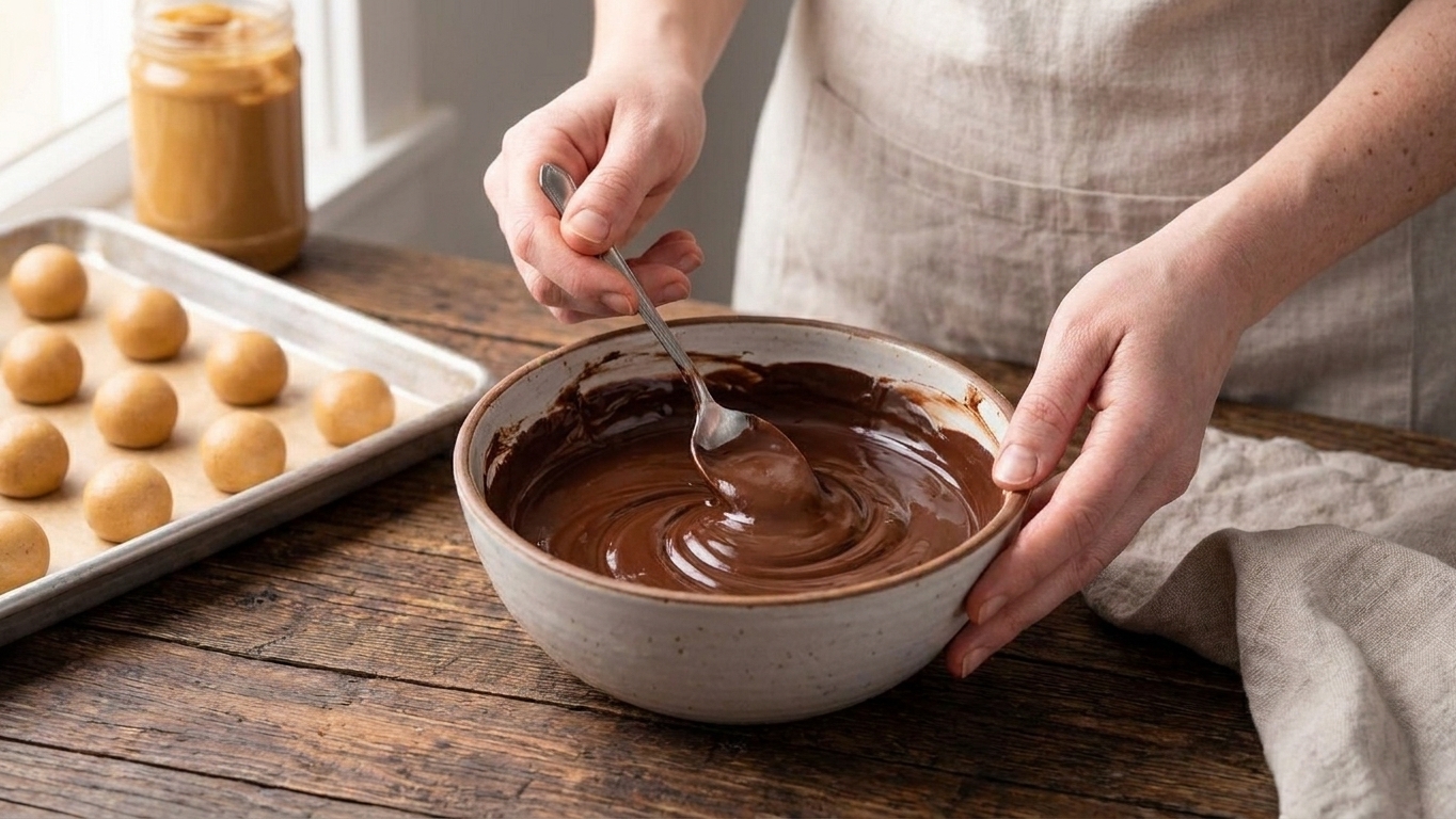 A bowl of melted chocolate being stirred with a spoon on a kitchen counter, chocolate glossy and smooth