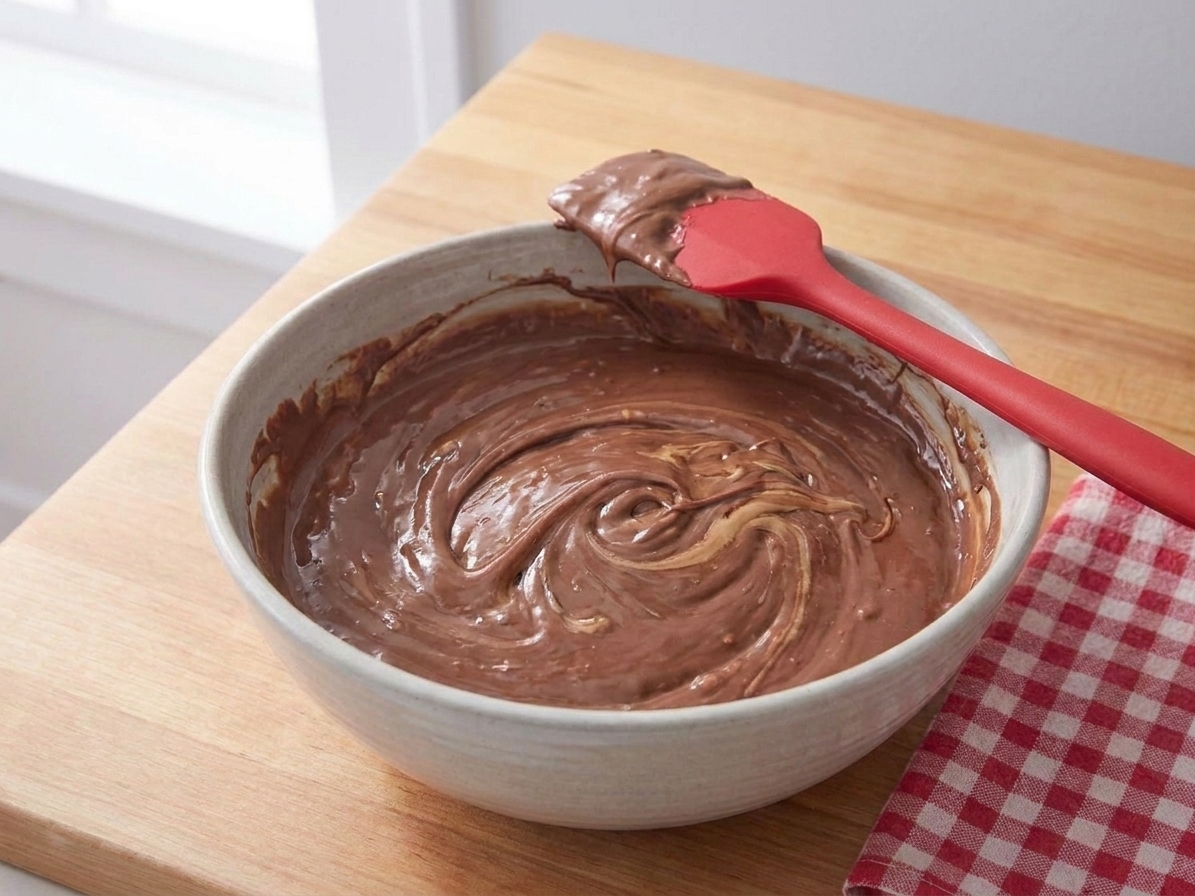 A bowl of melted chocolate mixed with peanut butter and butter, glossy and smooth, with a spatula resting on the edge on a kitchen counter