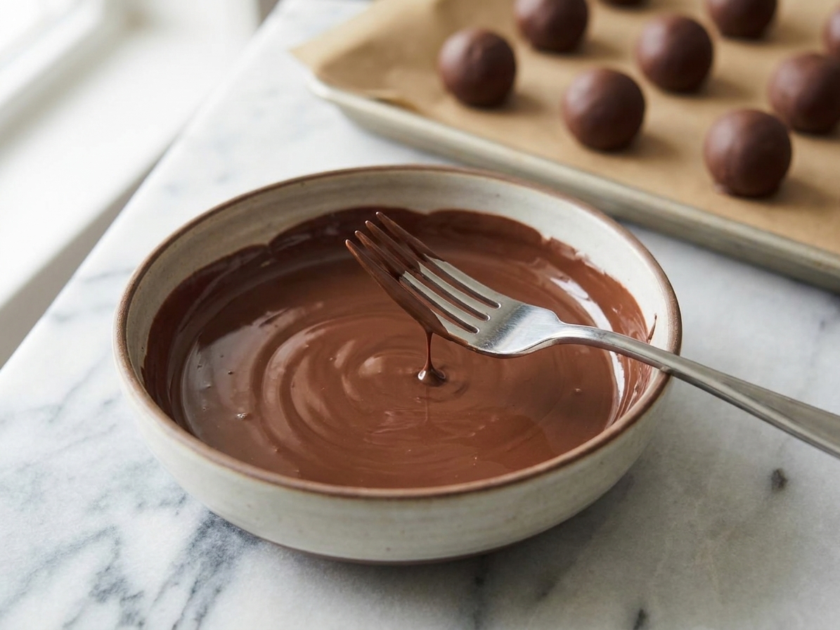A bowl of melted chocolate on a kitchen counter with a fork resting on the edge, ready for dipping truffles