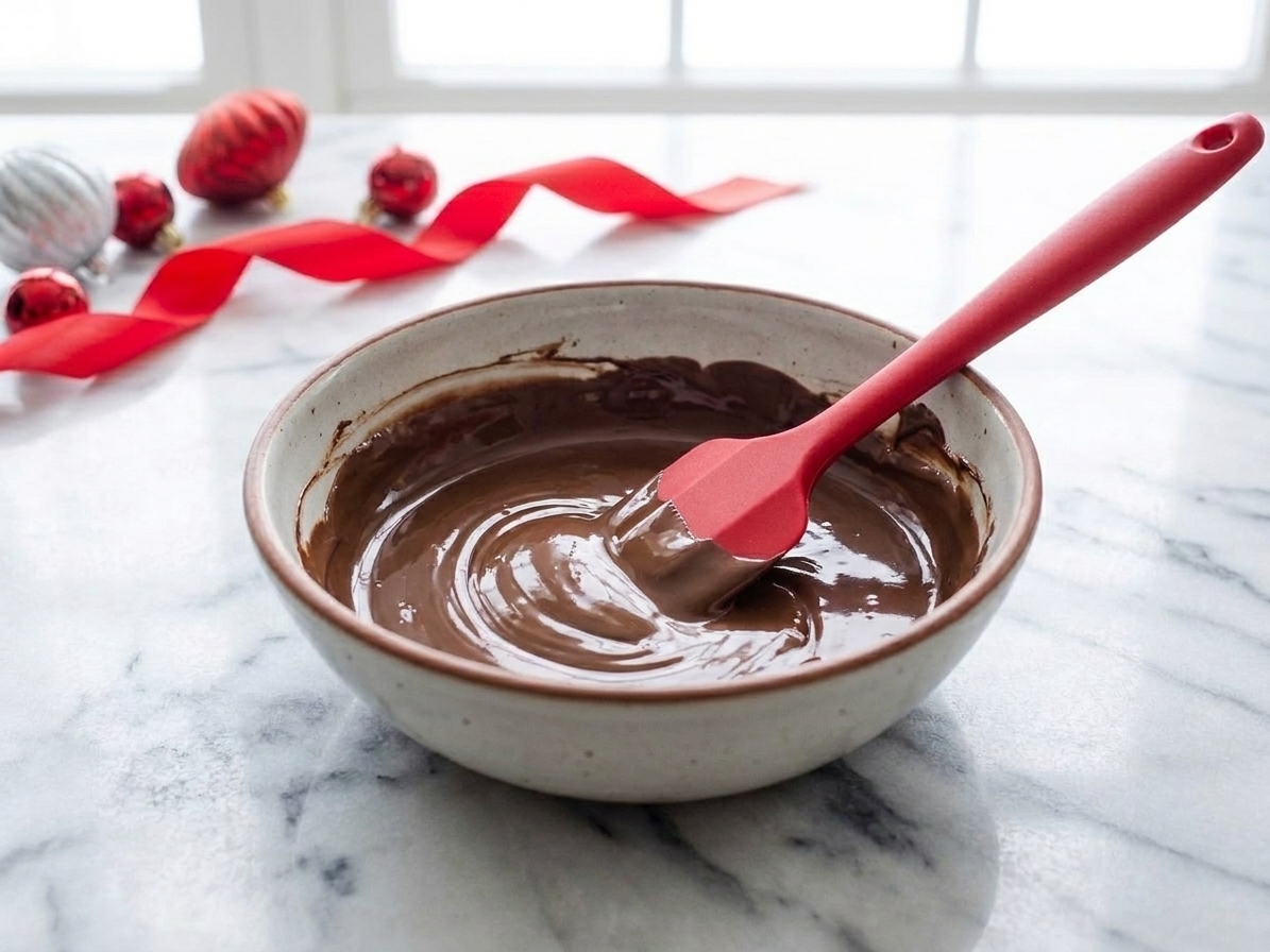 A bowl of melted chocolate with a rubber spatula resting inside on a kitchen counter