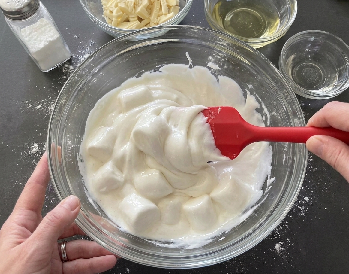 A bowl of melted marshmallows being stirred with a rubber spatula on a kitchen counter