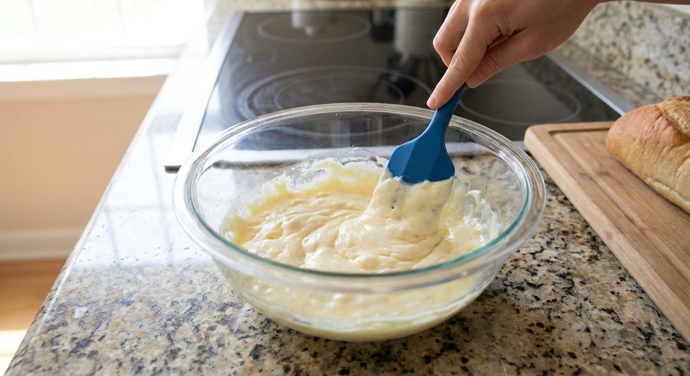 A bowl of melted mozzarella and cream cheese being stirred with a silicone spatula on a kitchen counter