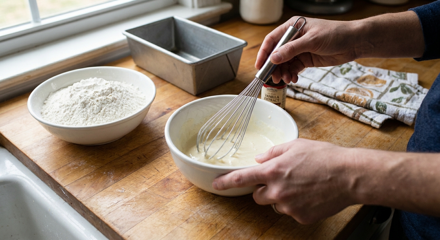 A bowl of melted vanilla ice cream being whisked on a kitchen counter beside a bowl of flour and a loaf pan