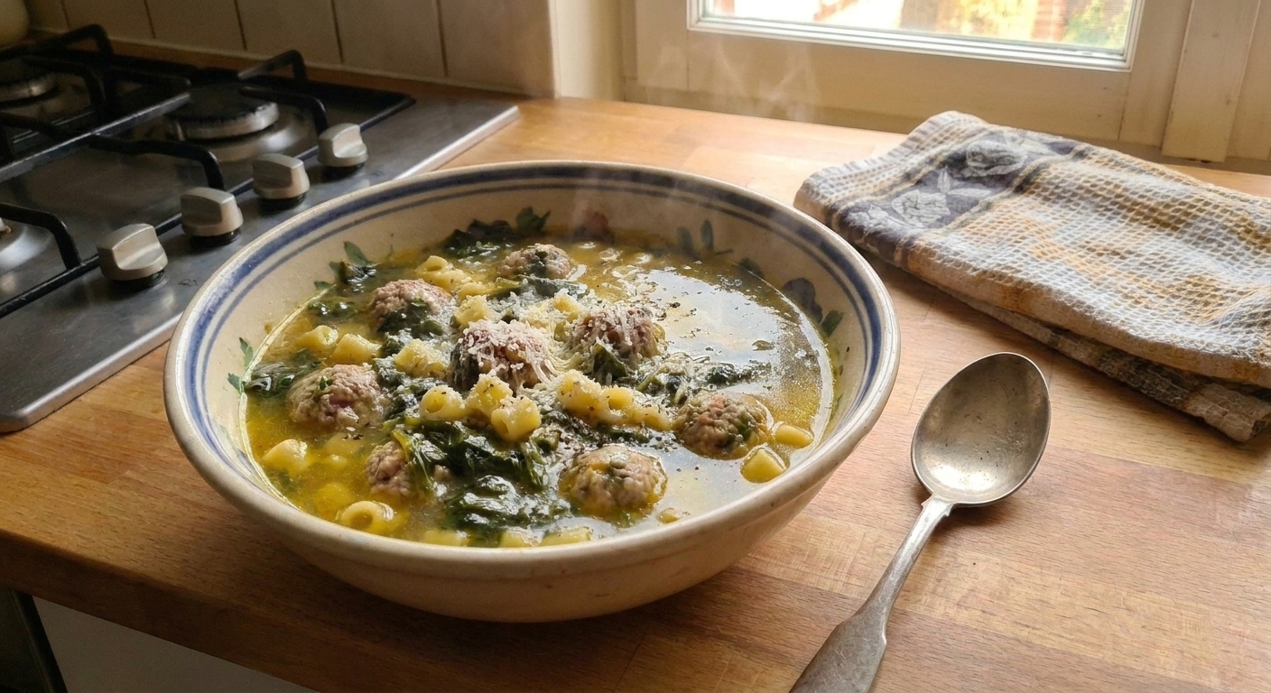 A bowl of minestra maritata topped with grated Parmesan and black pepper, with a spoon resting beside it on a wooden table