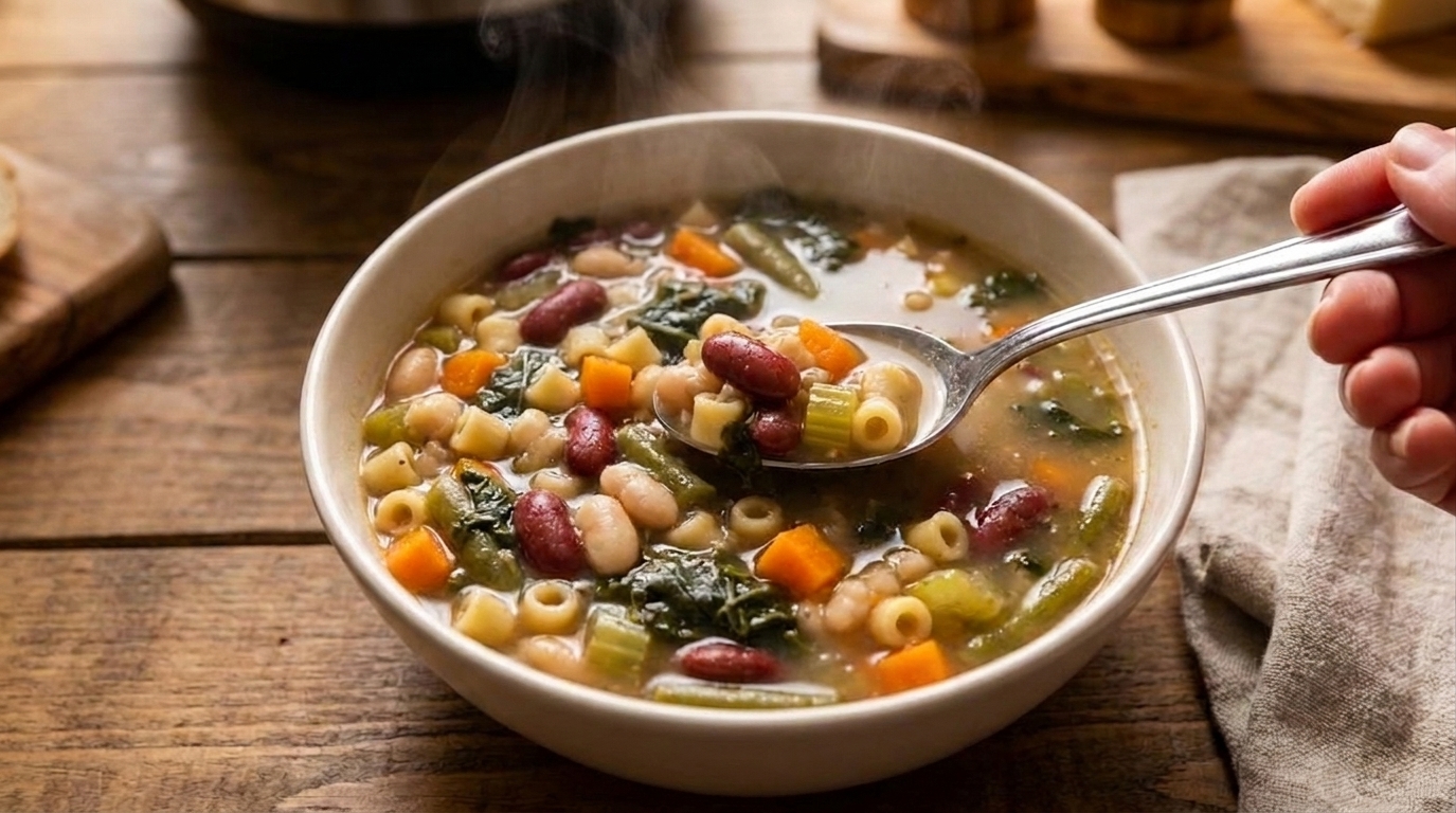 A bowl of minestrone soup served with a spoon on a cozy table setting, with visible beans, pasta, vegetables, and greens