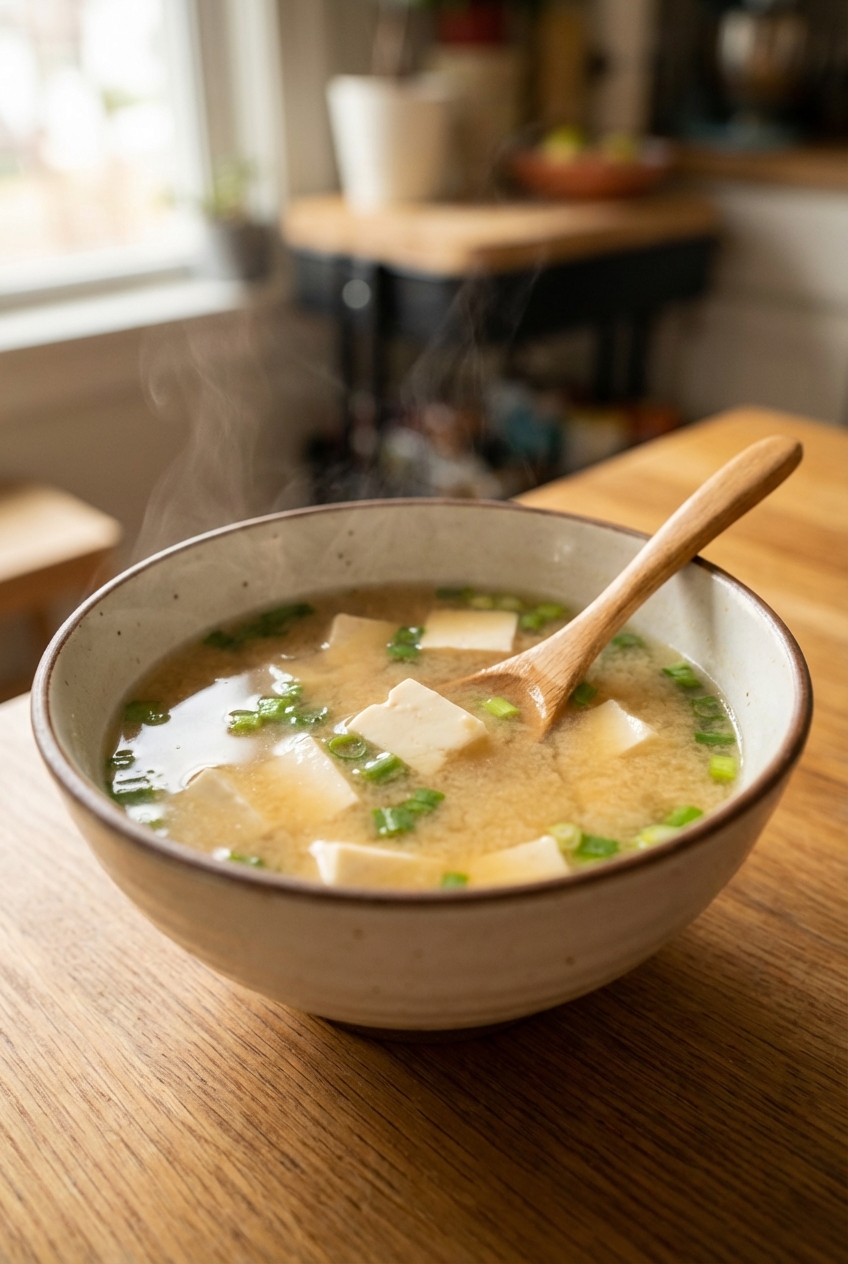 A bowl of miso soup with tofu cubes and green onions
