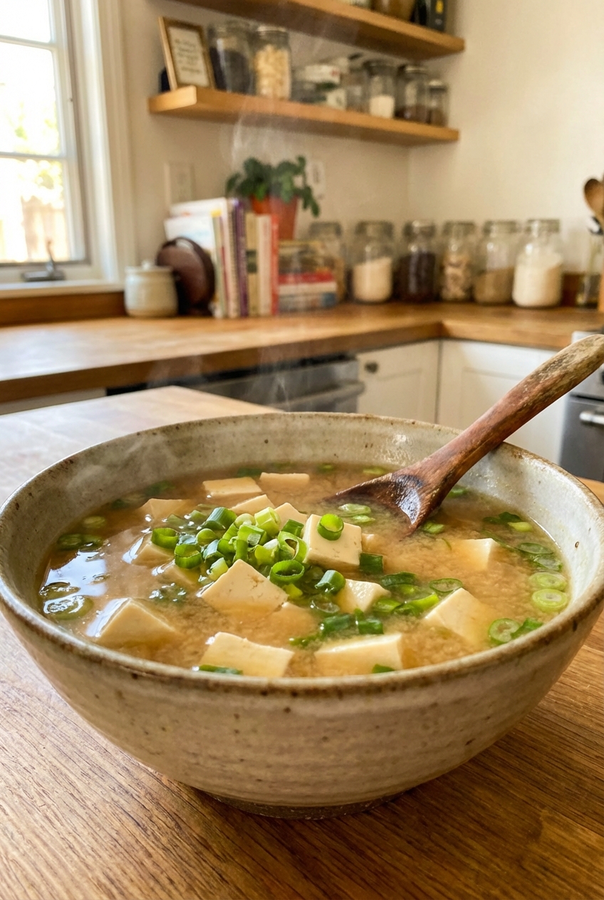 A bowl of miso soup with tofu cubes and sliced scallions