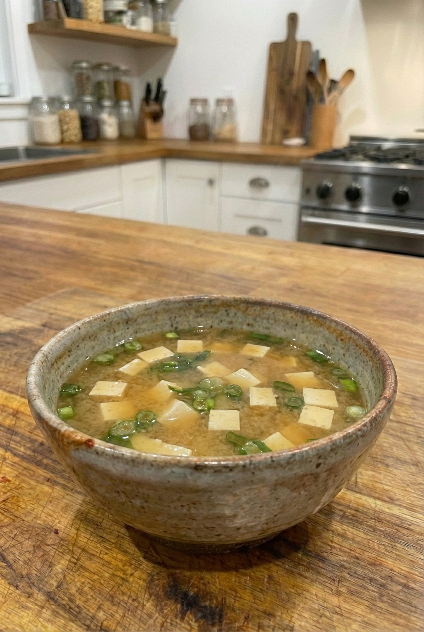A bowl of miso soup with tofu cubes and sliced scallions