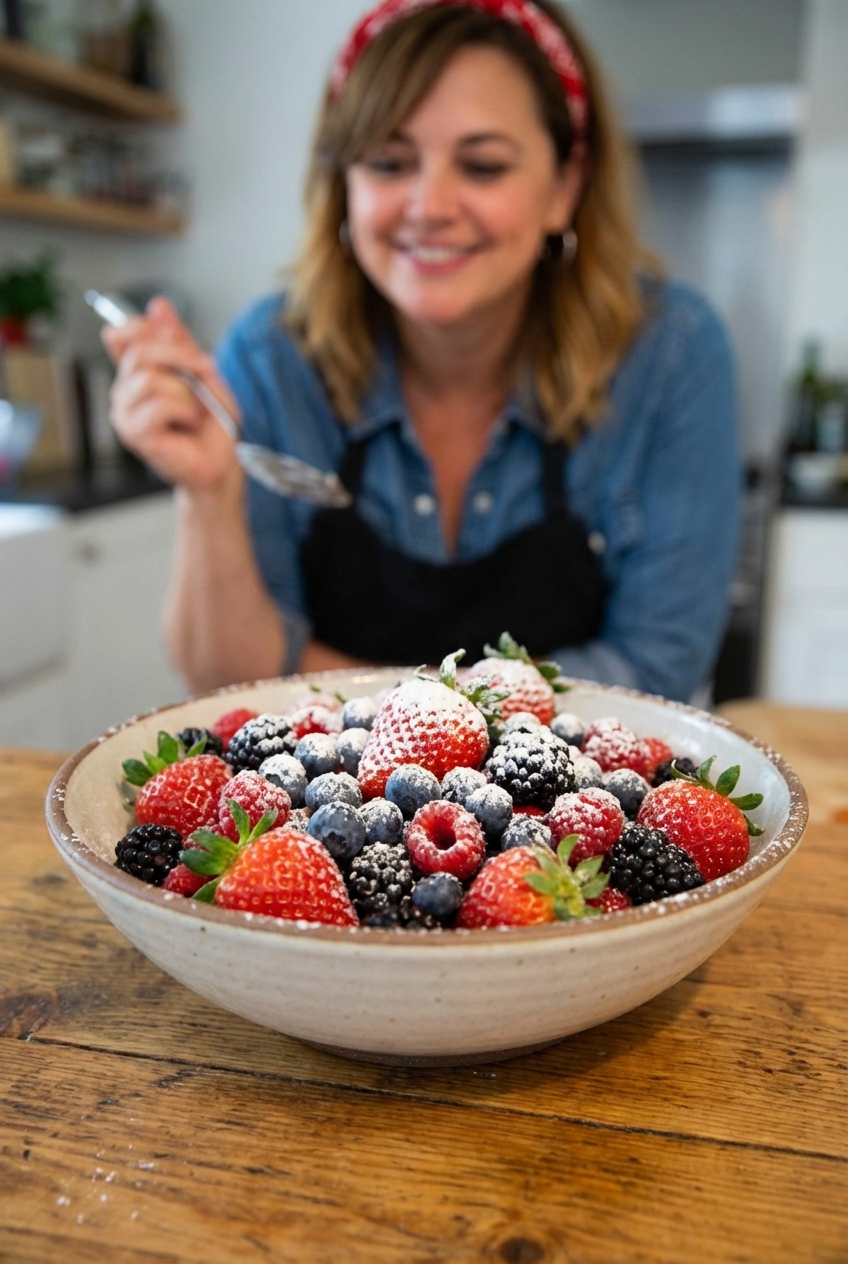 A bowl of mixed berries with a dusting of powdered sugar