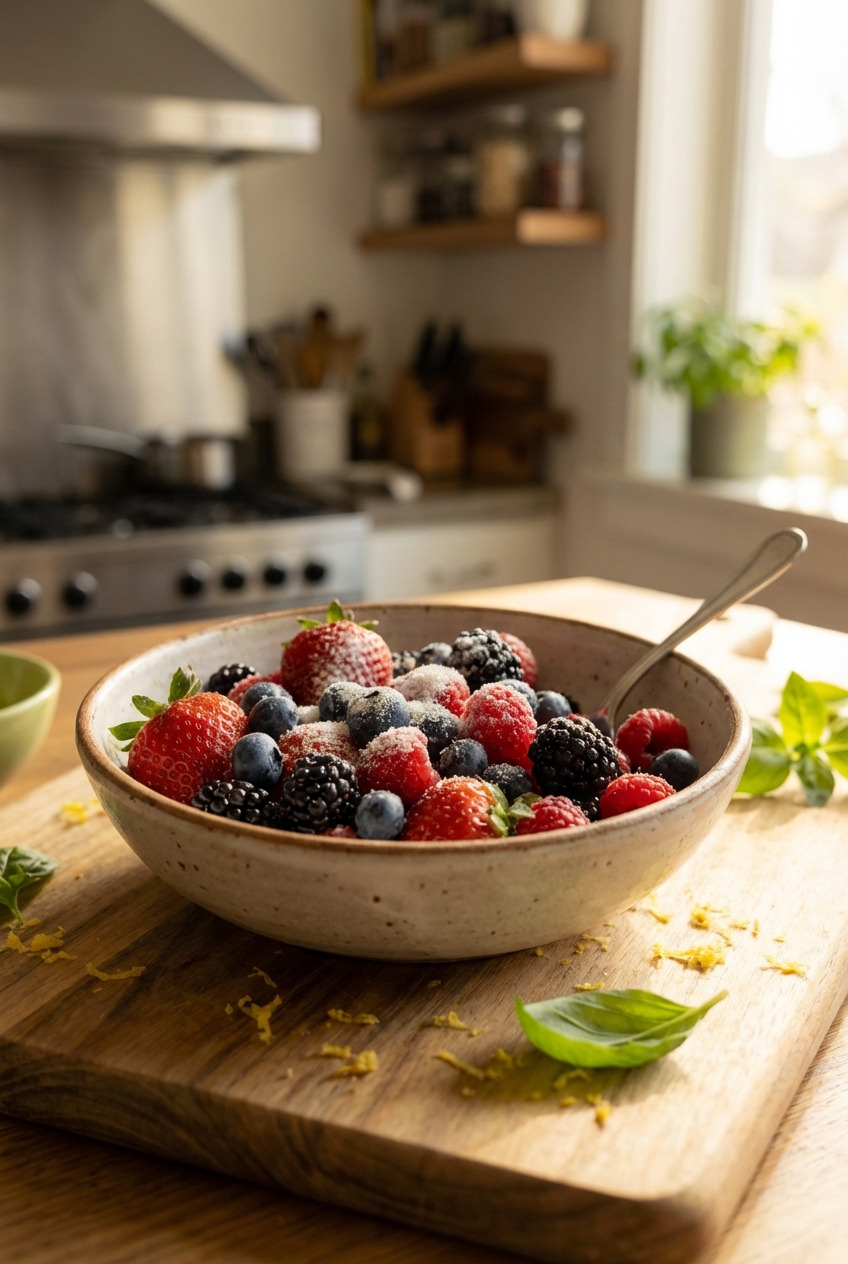 A bowl of mixed berries with a spoon and a little sugar
