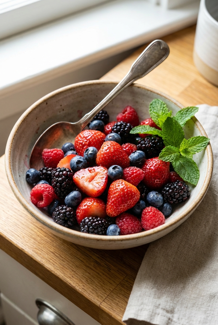 A bowl of mixed berries with a spoon, fresh mint, and a light sheen of juice