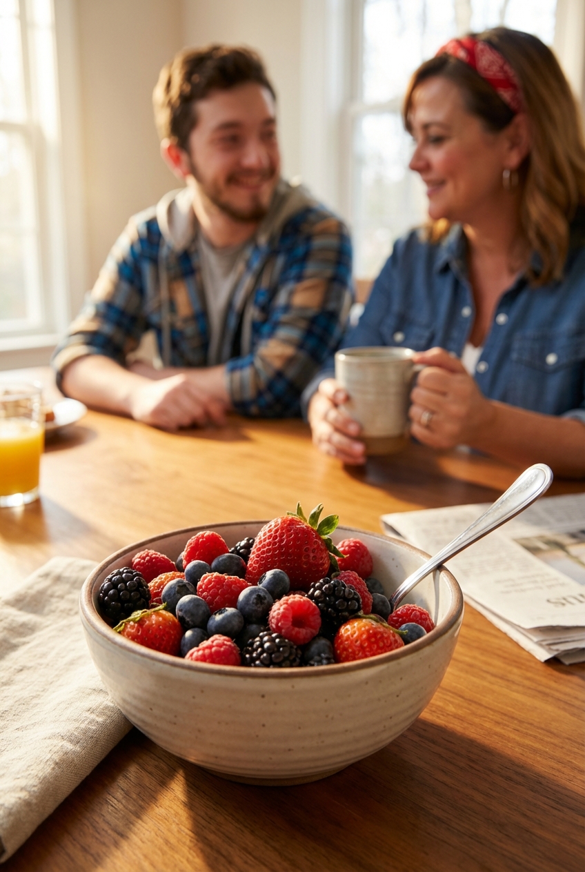 A bowl of mixed berries with a spoon on a breakfast table