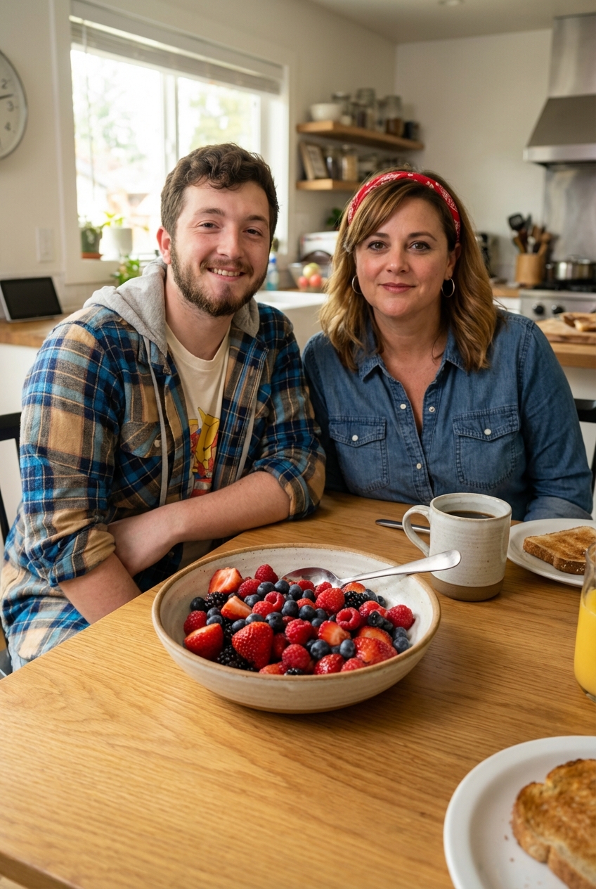 A bowl of mixed berries with a spoon on a breakfast table