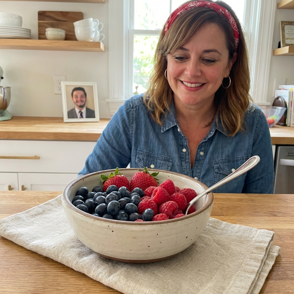 A bowl of mixed berries with a spoon on a linen napkin