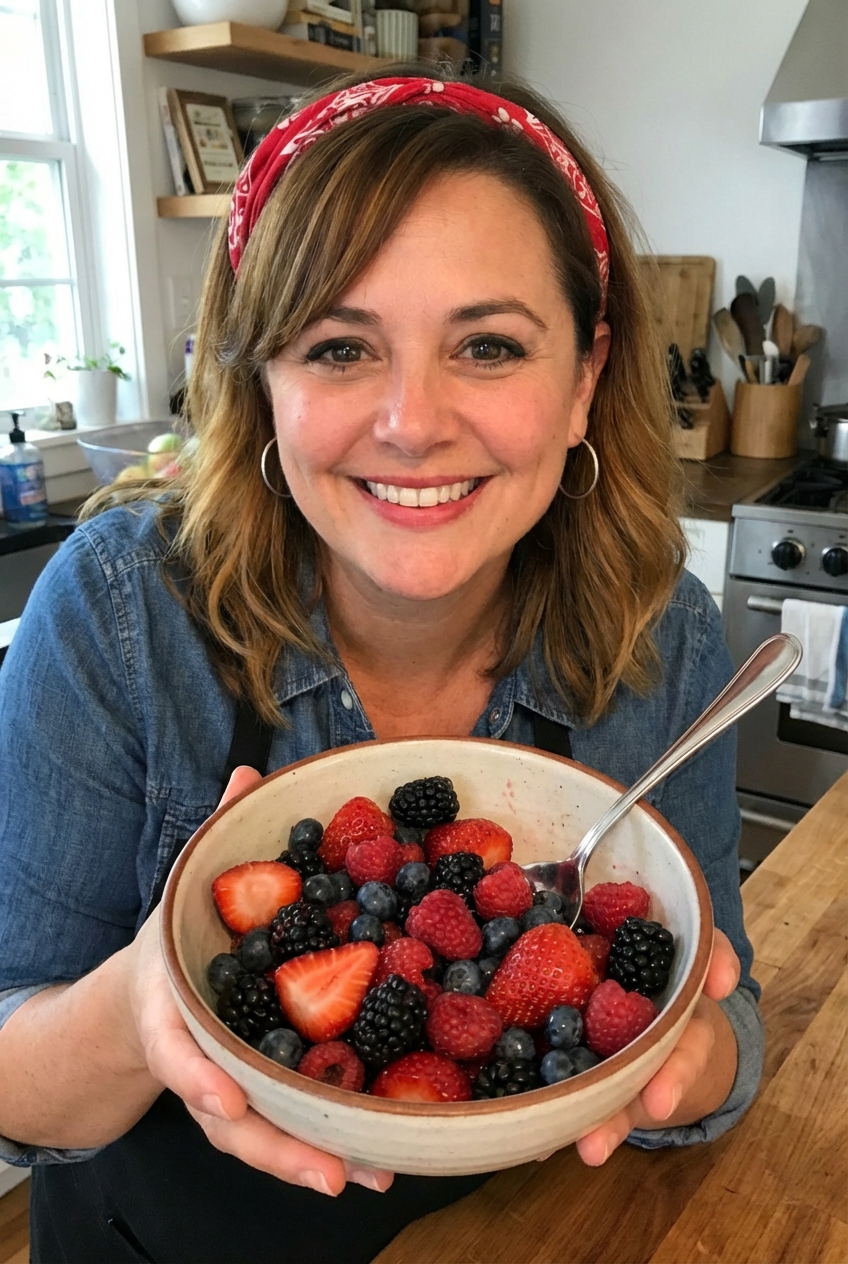 A bowl of mixed berries with a spoon