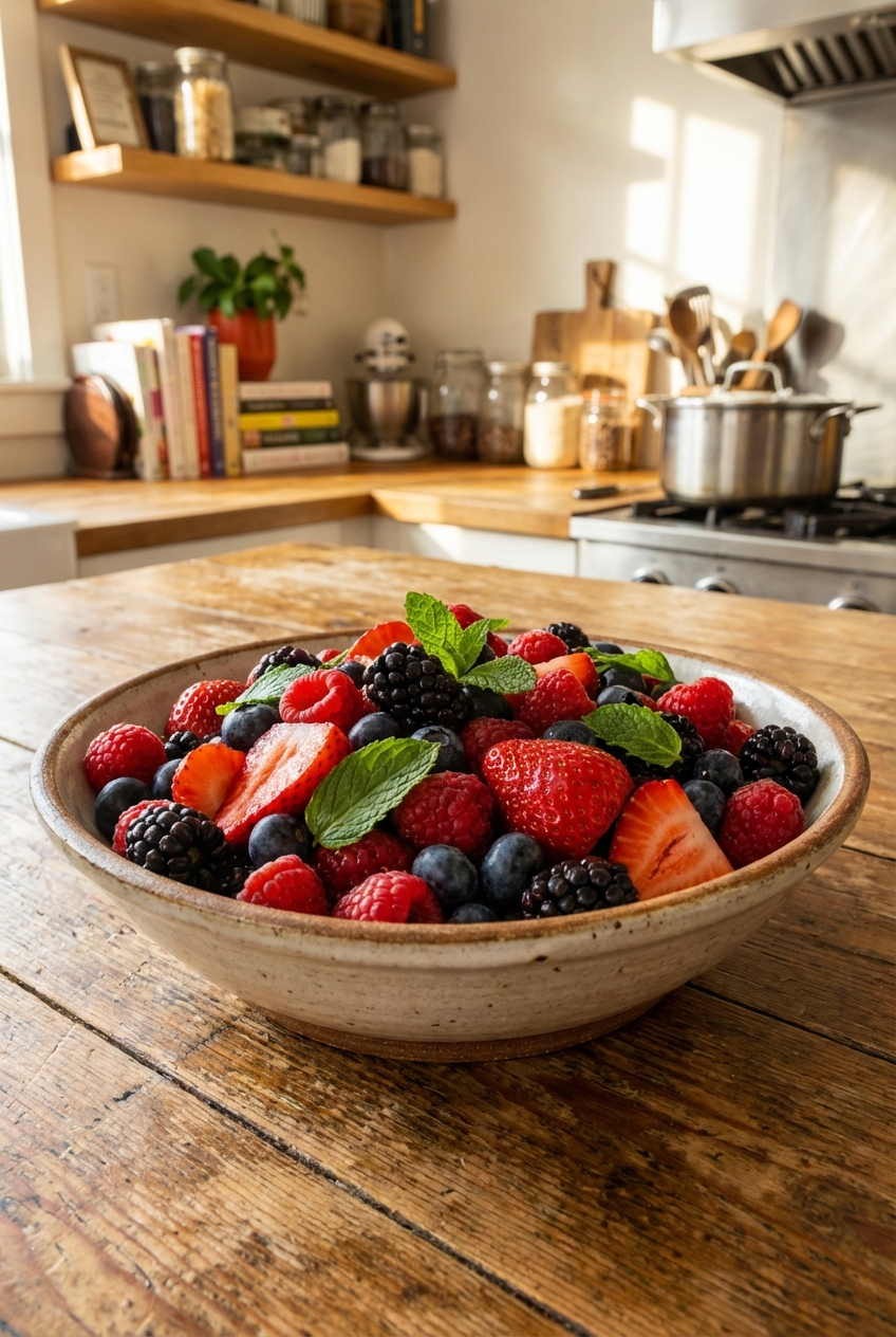A bowl of mixed berry fruit salad with mint leaves on top on a wooden table