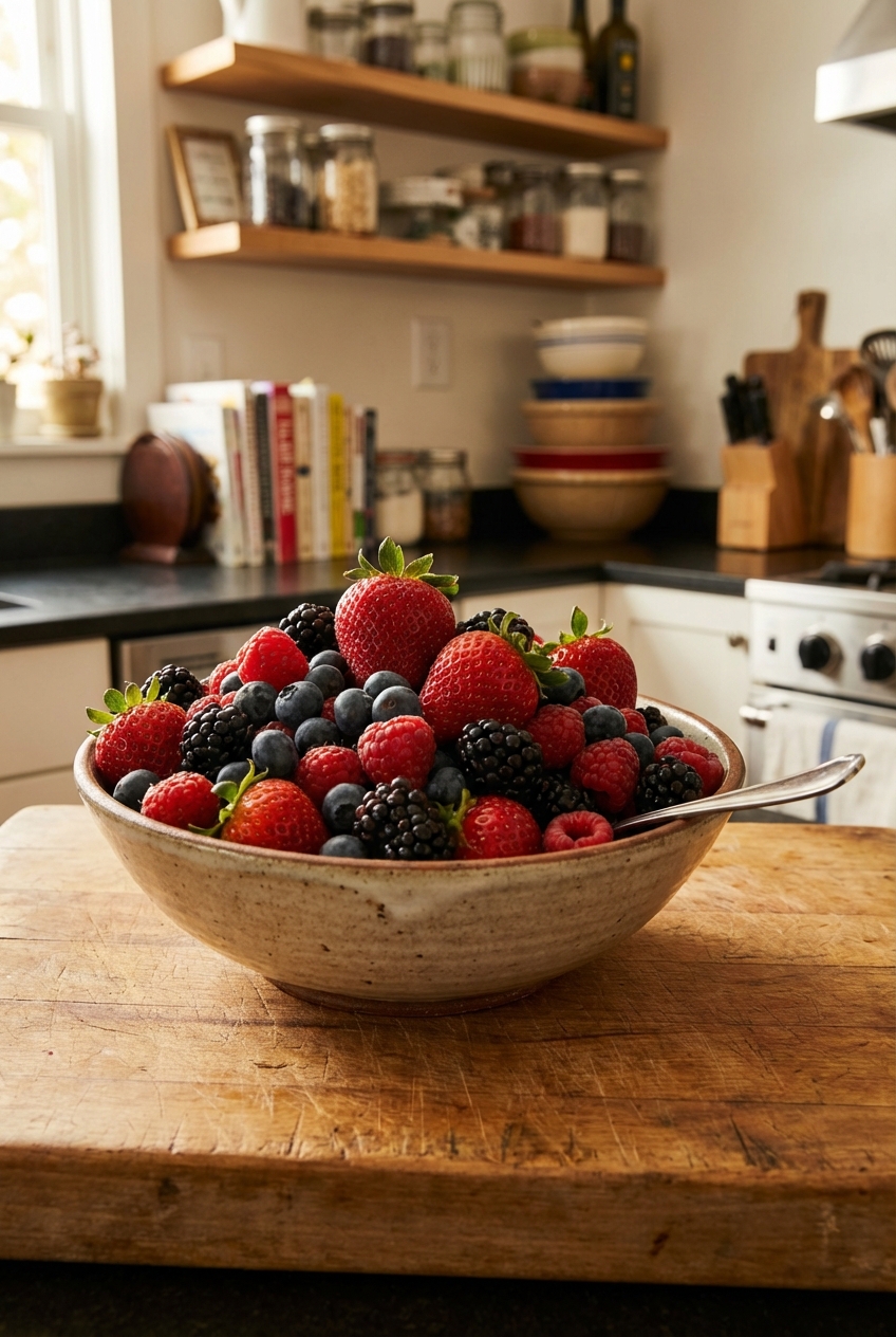 A bowl of mixed fresh berries on a wooden cutting board