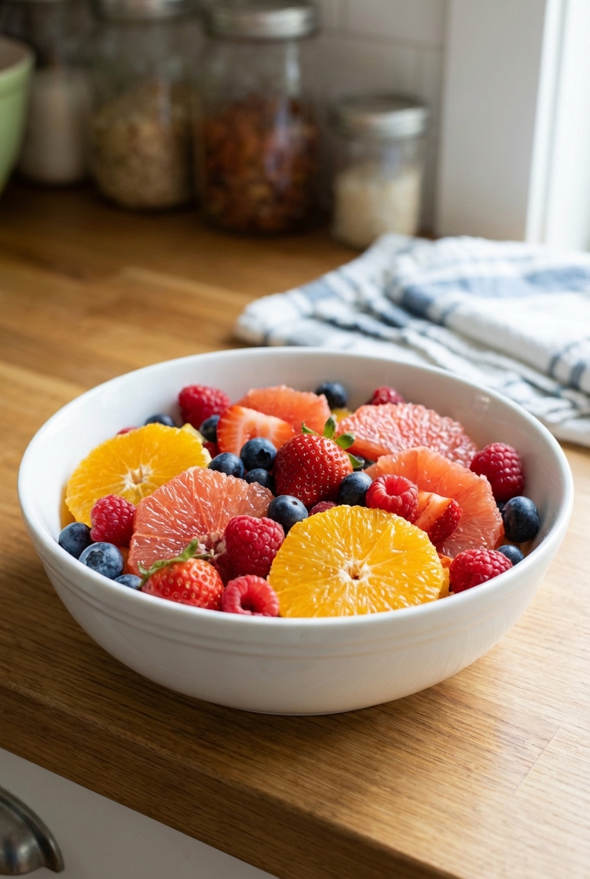 A bowl of mixed fresh fruit with berries and sliced citrus