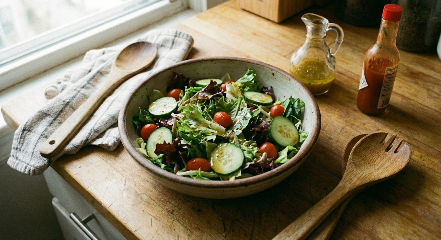 A bowl of mixed green salad with cucumbers and vinaigrette