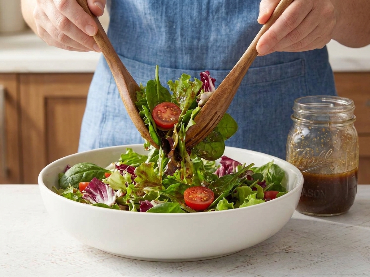 A bowl of mixed greens being tossed with balsamic vinaigrette using salad tongs on a kitchen counter