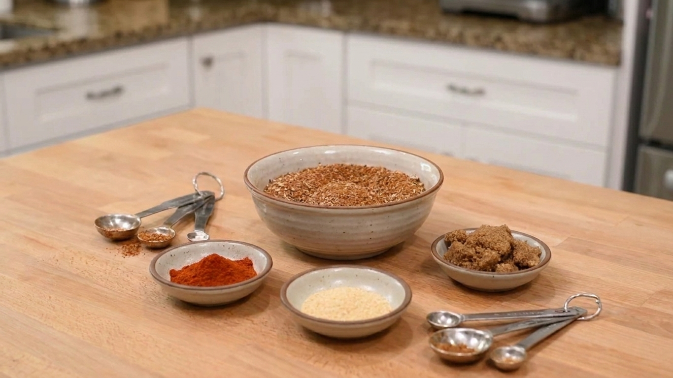 A bowl of mixed turkey dry rub on a light kitchen counter with measuring spoons and small bowls of paprika, garlic powder, and brown sugar nearby
