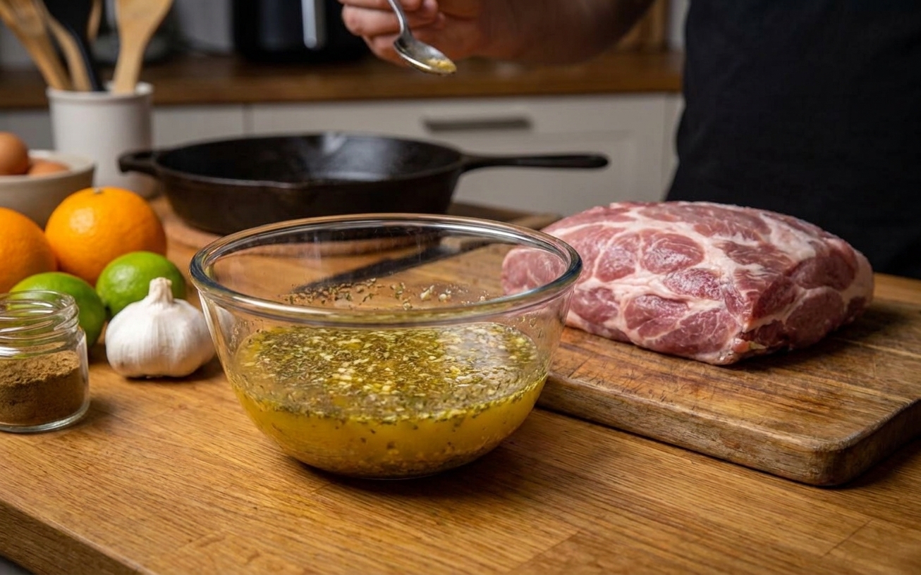 A bowl of mojo marinade with orange juice, lime juice, minced garlic, oregano, and cumin on a kitchen counter beside raw pork