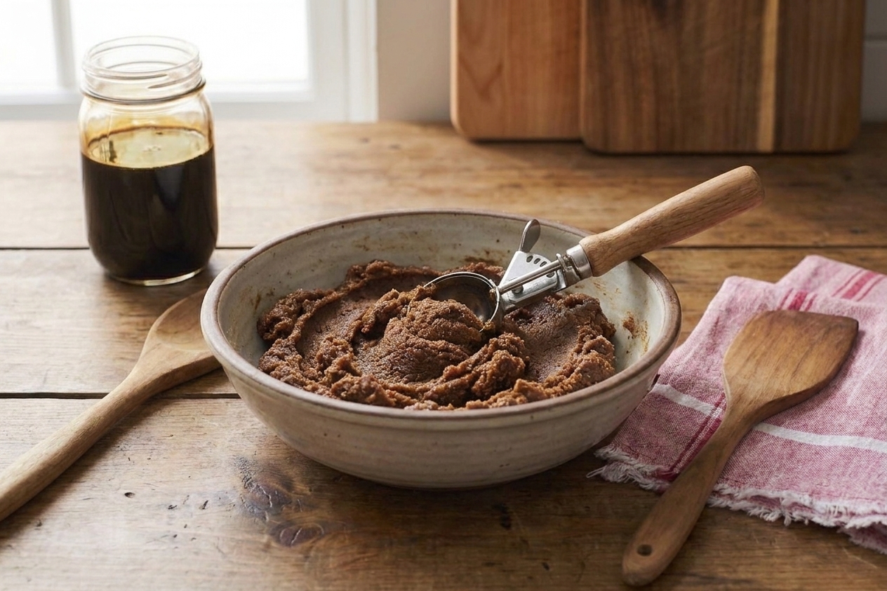 A bowl of molasses cookie dough on a kitchen counter with a spatula nearby, ready to scoop