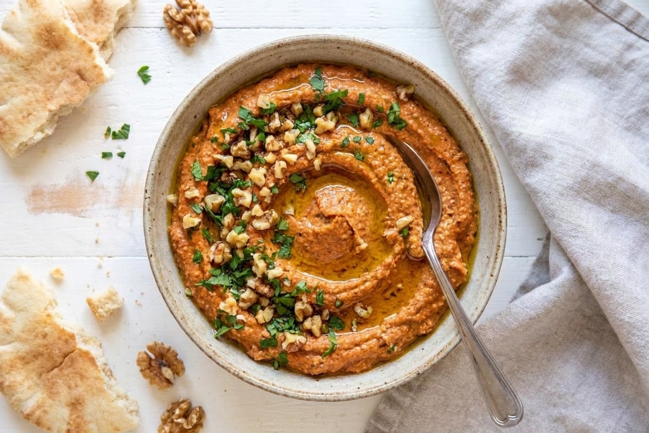 A bowl of muhammara with a spoon swirl, olive oil drizzled on top, and chopped walnuts and parsley sprinkled over