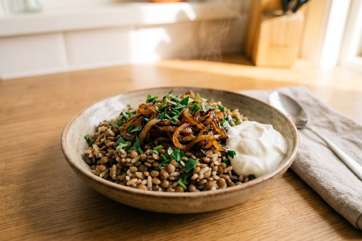 A bowl of mujadara topped with caramelized onions and chopped herbs, with a dollop of plain yogurt on the side on a simple wooden table