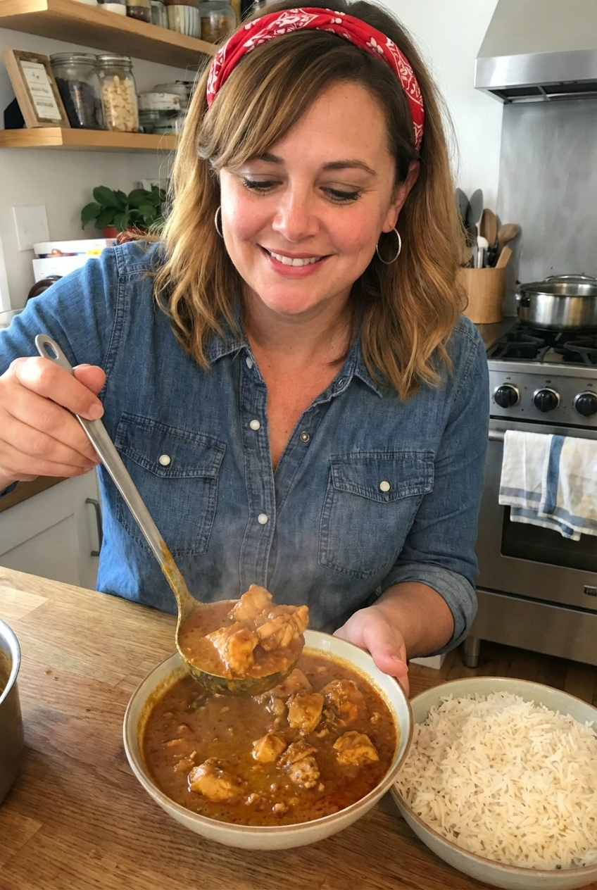 A bowl of murgh curry being served with a ladle next to basmati rice