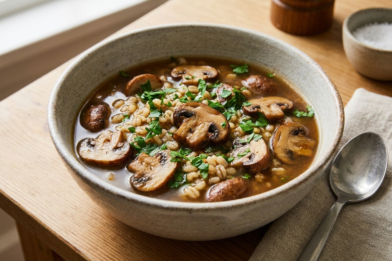 A bowl of mushroom barley soup with barley grains and sliced mushrooms visible, topped with chopped parsley, spoon on the side on a simple dinner table