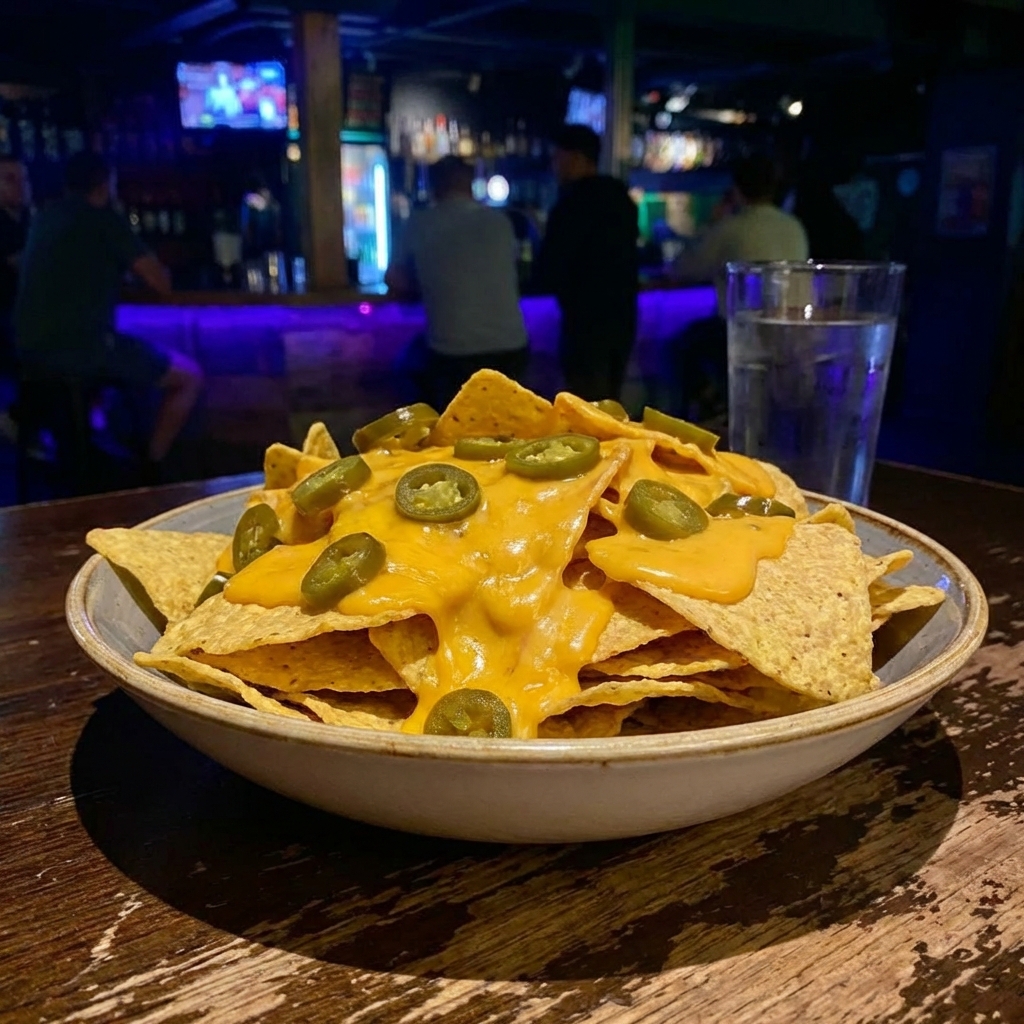 A bowl of nachos topped with warm cheese sauce and sliced jalapenos on a wooden table