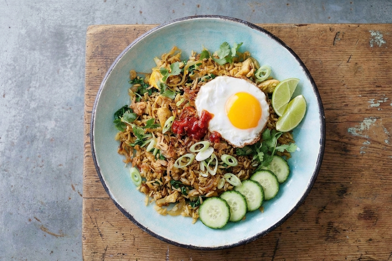 A bowl of nasi goreng topped with a fried egg and sliced scallions, with lime wedges and cucumber slices on a simple wooden table