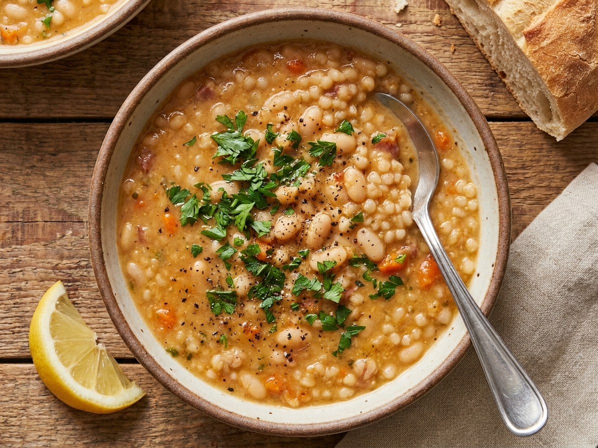 A bowl of navy bean soup on a wooden table with a spoon, lemon wedge nearby, and fresh parsley sprinkled on top