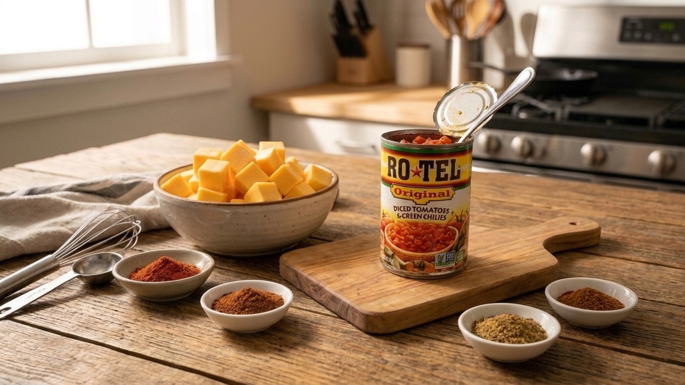 A bowl of neatly cubed Velveeta on a kitchen counter next to measured spices and a can of Rotel, ready for cooking