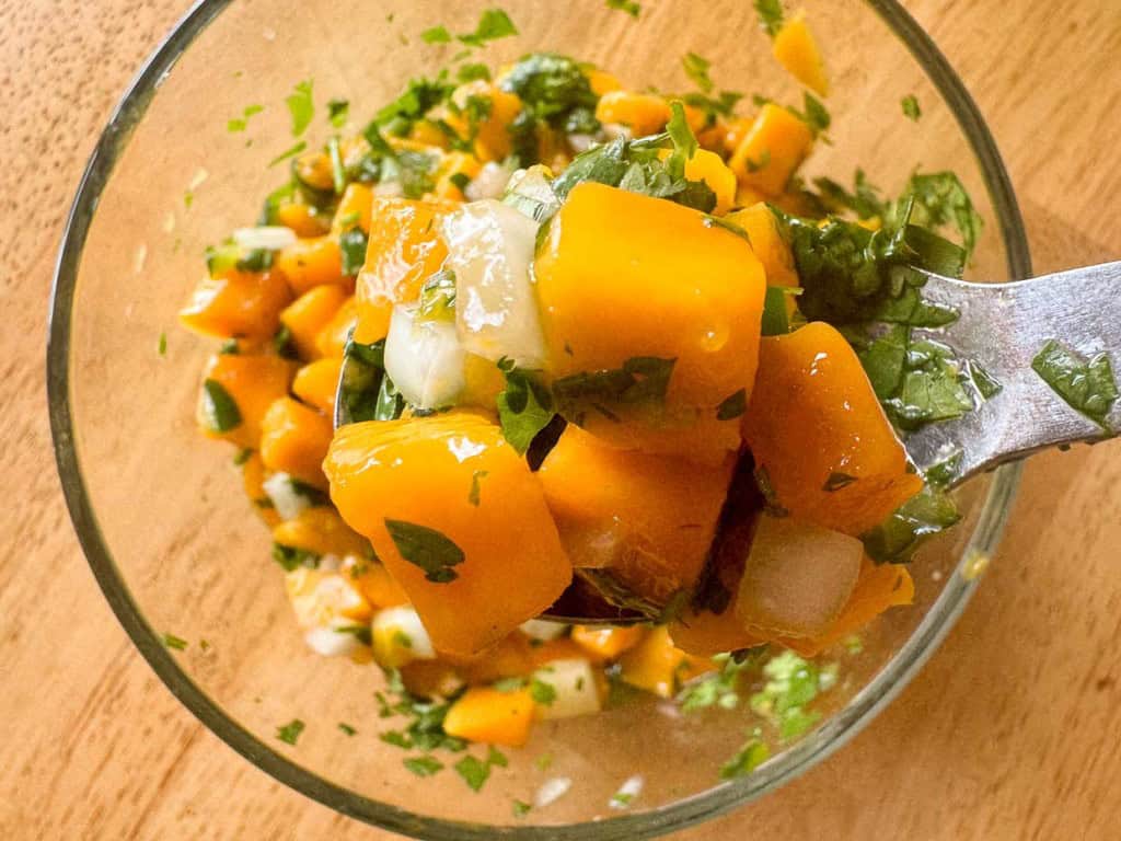 A bowl of neatly diced mango next to a small bowl of finely chopped onion on a kitchen counter, ready for cooking