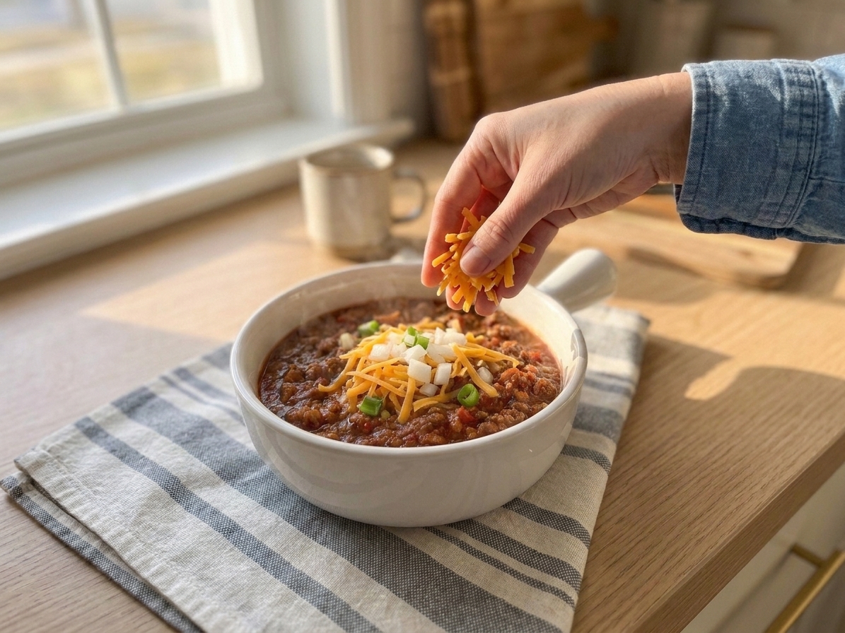 A bowl of no bean chili being topped with shredded cheddar and diced onion by a person’s hands over a kitchen counter, warm homey lighting