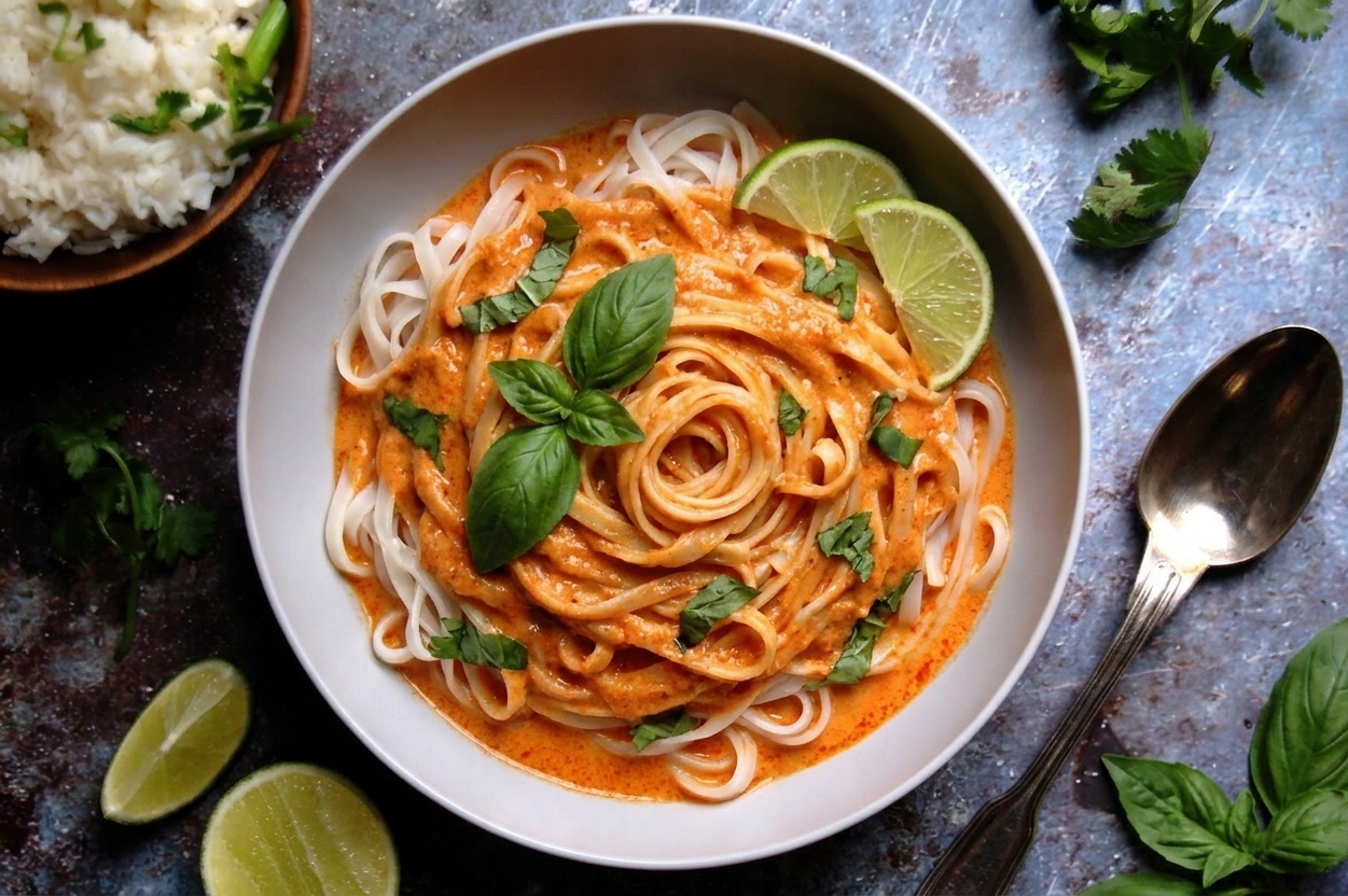 A bowl of noodles coated in creamy red curry sauce with basil and lime wedges on a simple dinner table