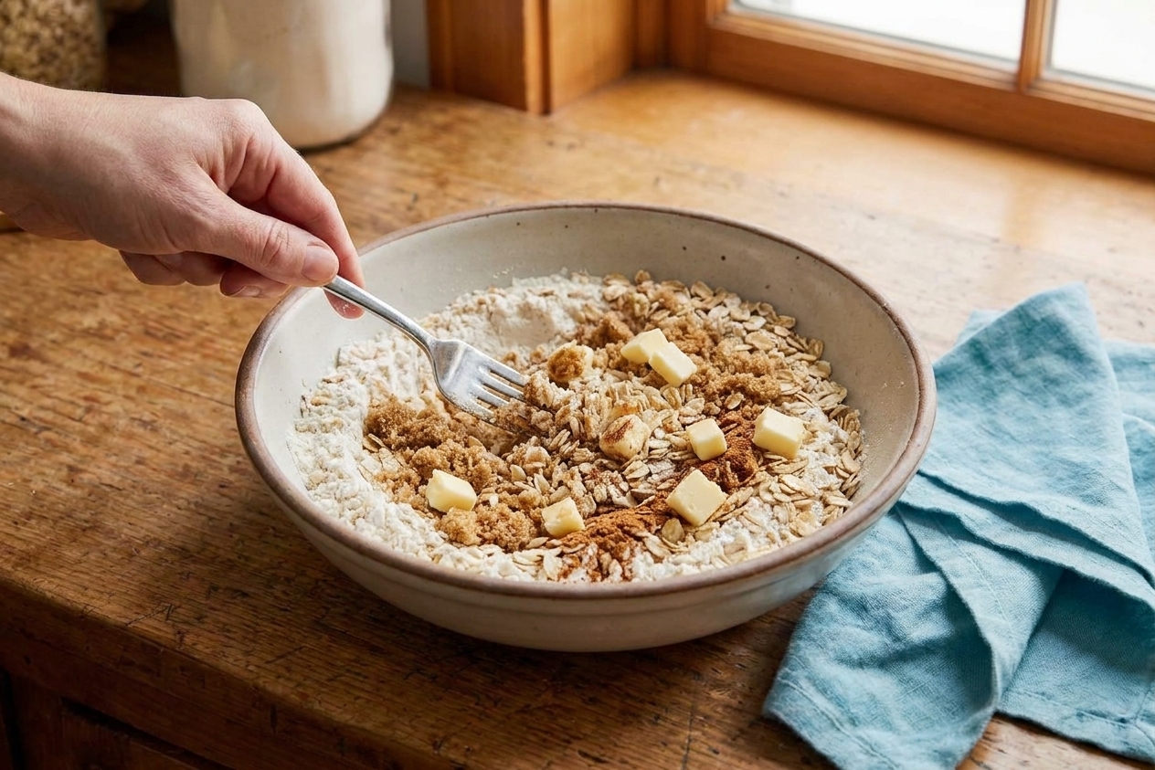 A bowl of oat crumble topping being mixed with a fork, showing pea-sized pieces of butter and oats