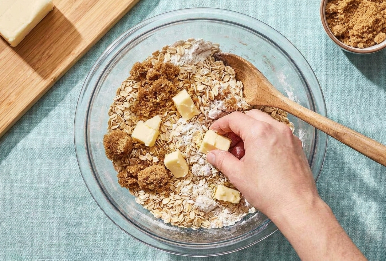 A bowl of oat crumble topping with visible butter pieces and brown sugar crumbs on a bright kitchen counter