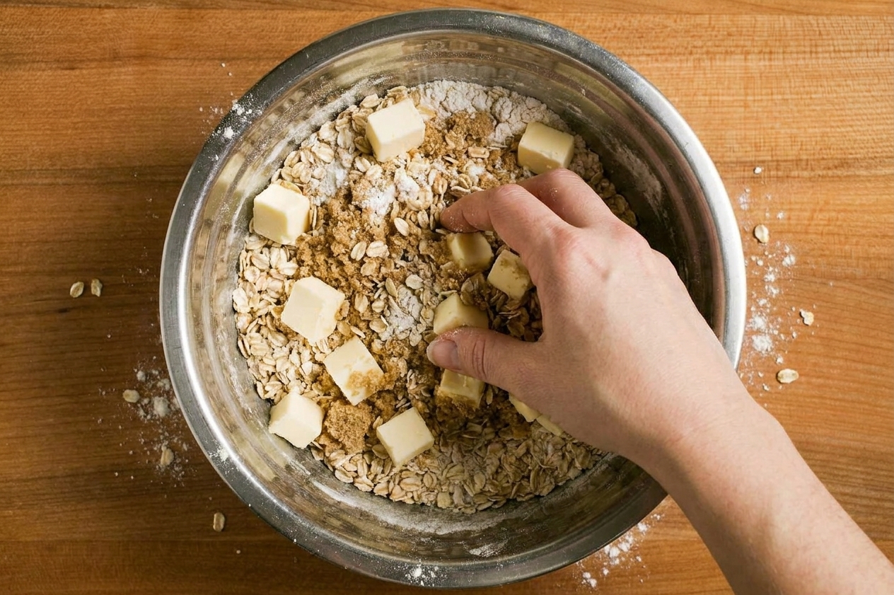 A bowl of oat topping with visible butter pieces being mixed by hand on a kitchen counter